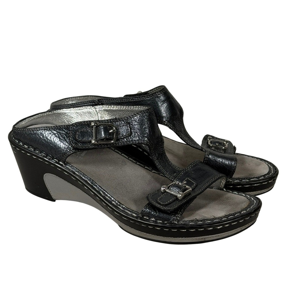 Alegria Lara Black Leather Wedge T-Strap Sandals Buckle Slide EU 38 US 7.5-8